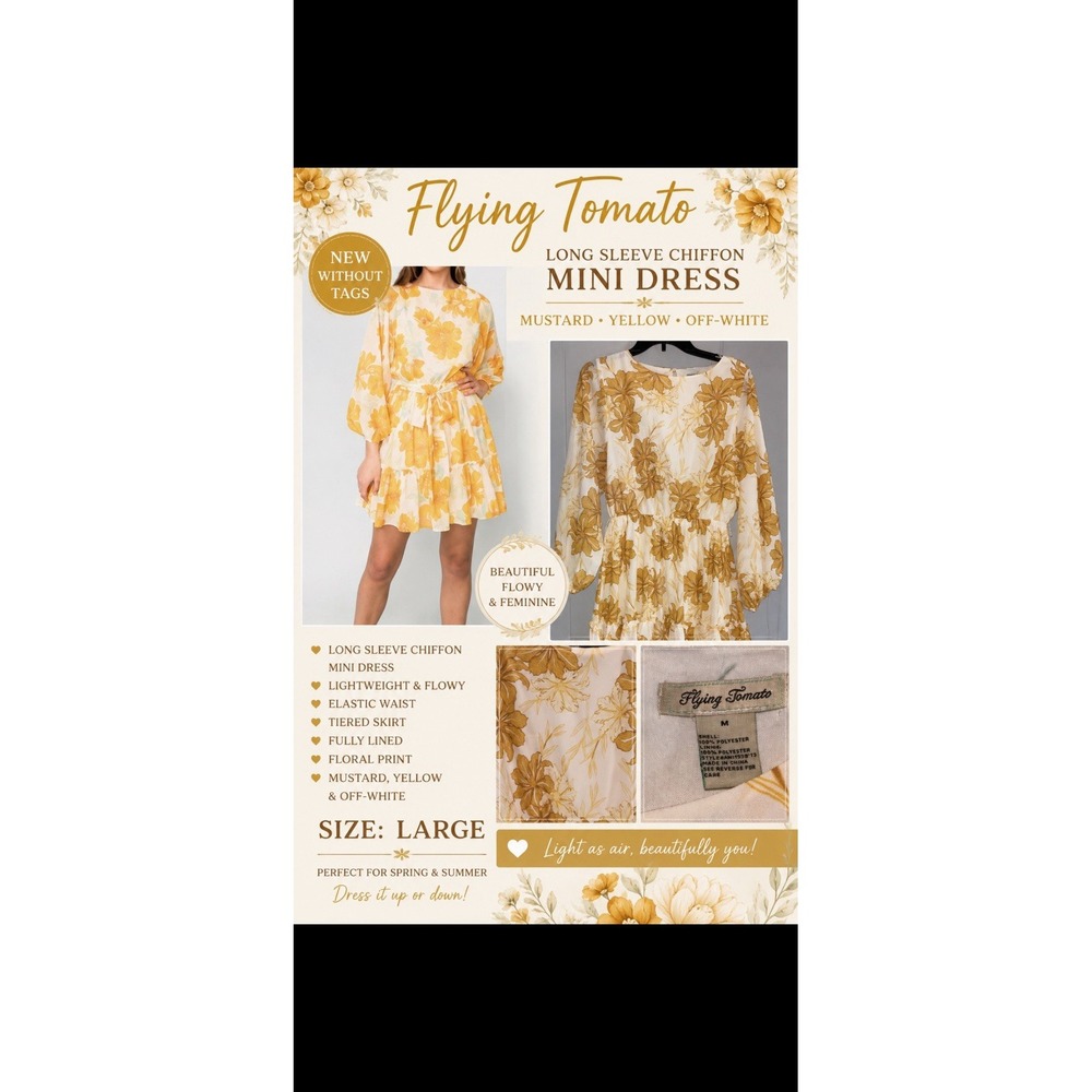 Flying Tomato Mini Dress Womens Large Yellow Boho Chiffon L Long Sleeve Floral